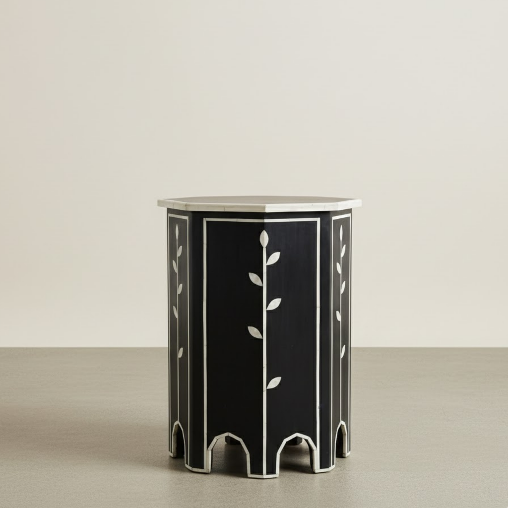 Luxury Bone Inlay End Table with Floral Design | Handmade Resin Side Table for Bedroom & Living Room