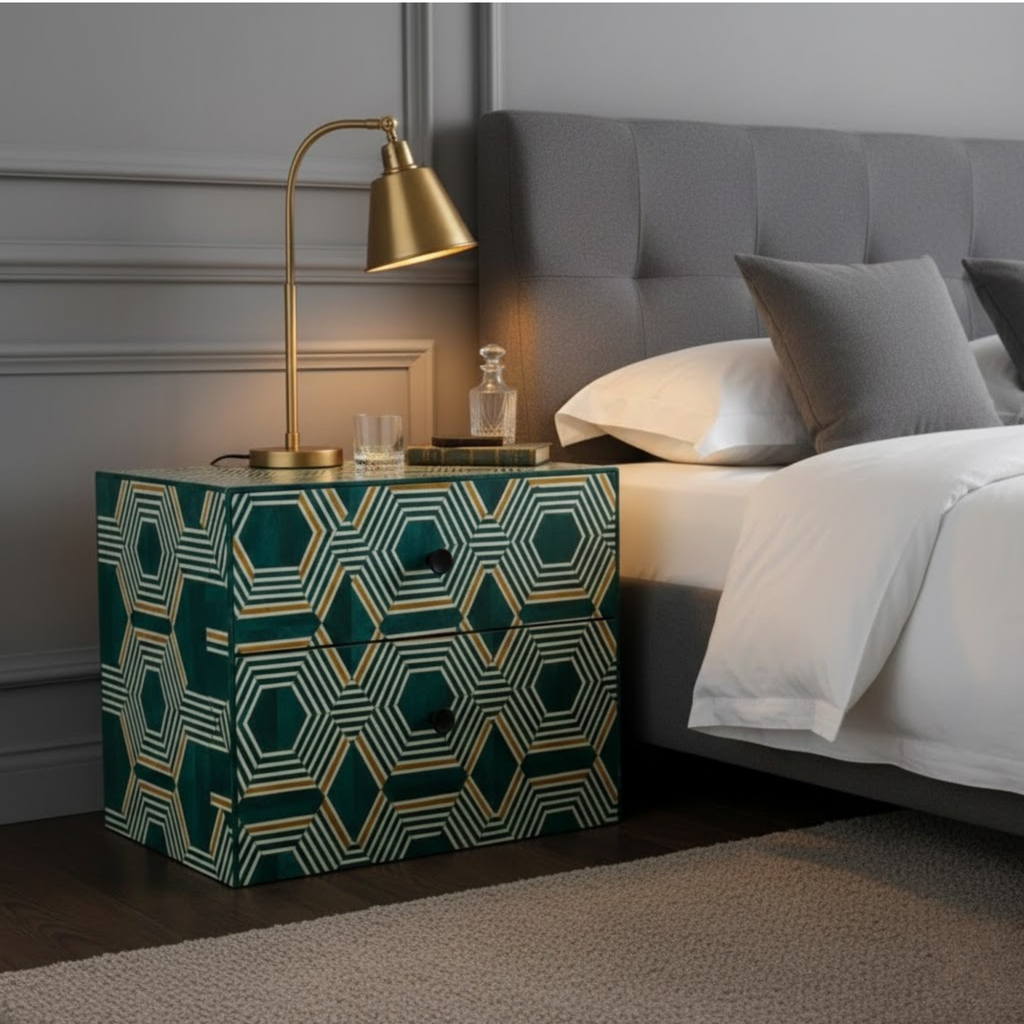 Handmade Green Resin Nightstand | Geometric End Table