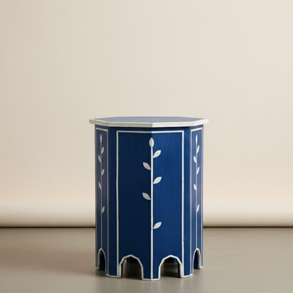 Luxury Bone Inlay End Table with Floral Design | Handmade Resin Side Table for Bedroom & Living Room