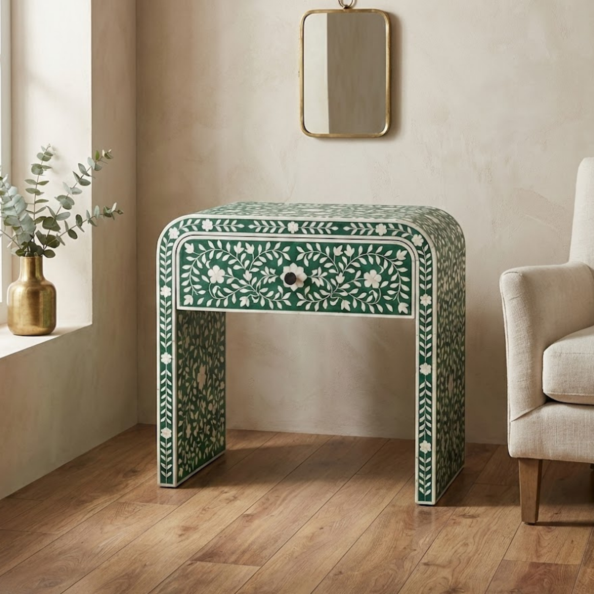 Handcrafted Bone Inlay & Resin End Table | Floral Bedside Nightstand | Luxury Decor