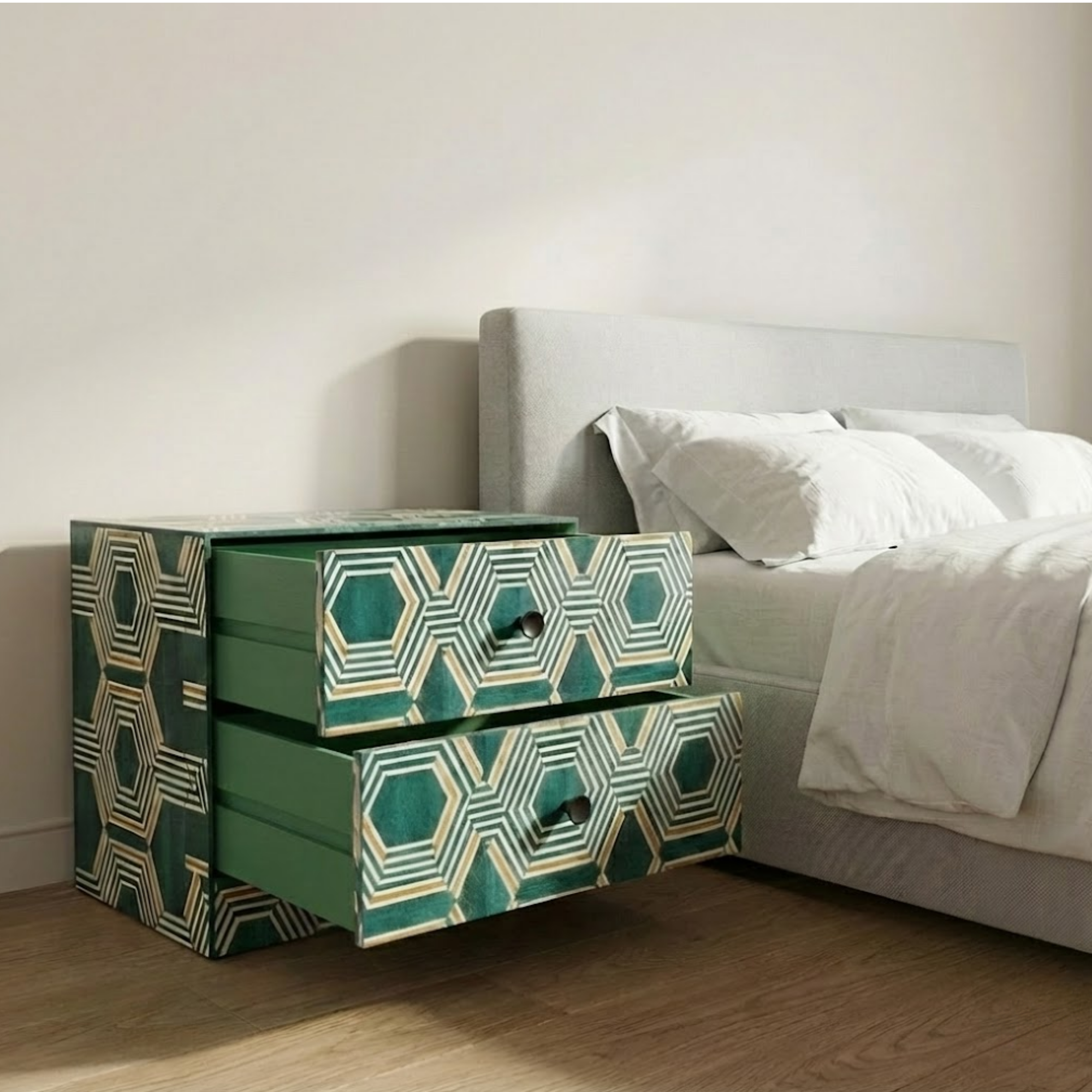 Handmade Green Resin Nightstand | Geometric End Table