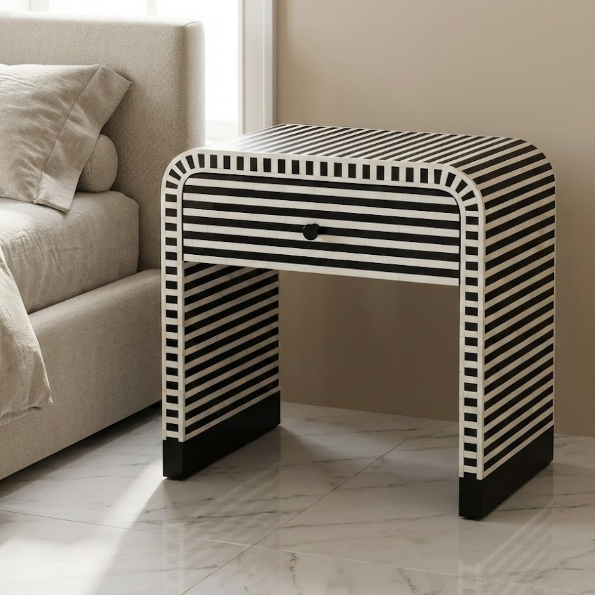 Striped Bone Inlay & Resin Side Table | Handmade Nightstand | Modern Home Decor | Designer Furniture