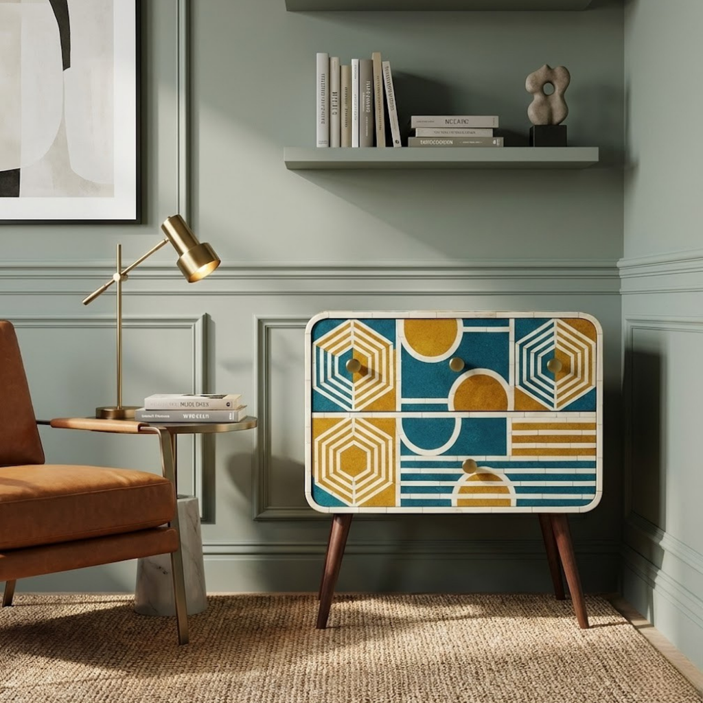 Bone Inlay End Table | Handmade Geometric Resin Accent Nightstand