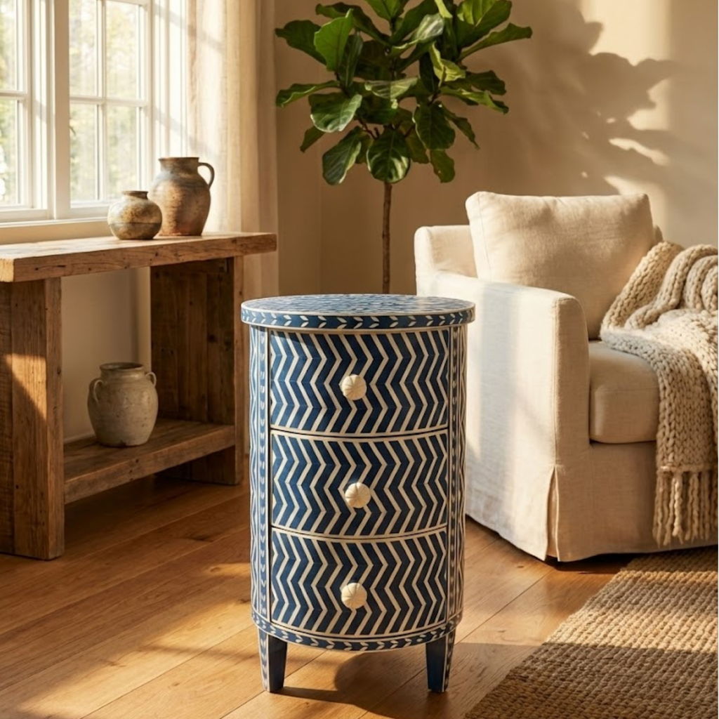 Black Bone Inlay Nightstand | Handmade Chevron 3-Drawer End Table