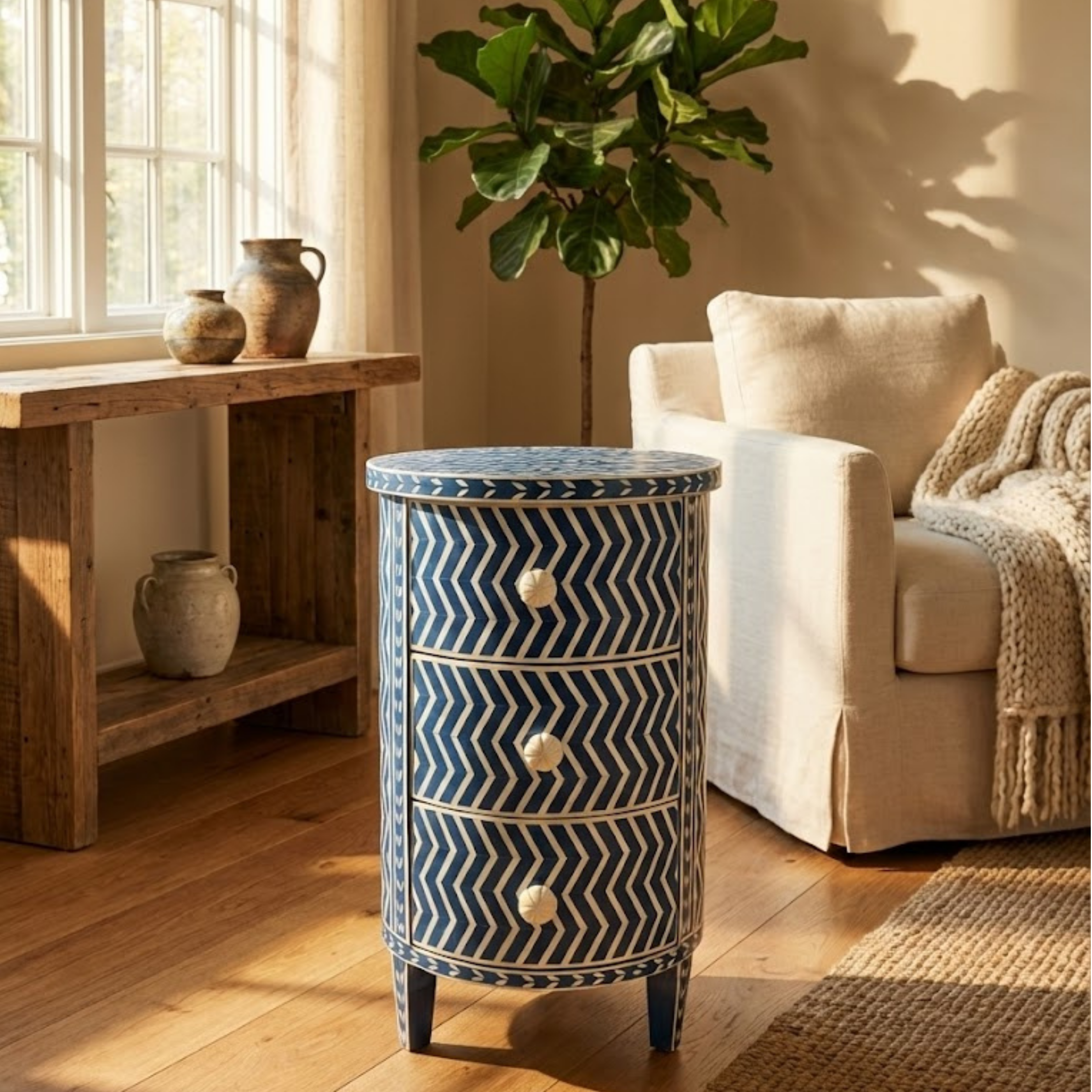 Black Bone Inlay Nightstand | Handmade Chevron 3-Drawer End Table