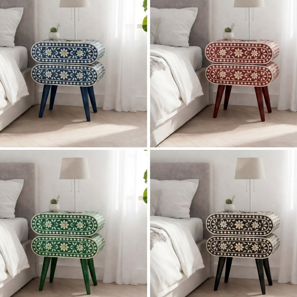 Handcrafted Bone Inlay and Resin Floral Nightstand | Modern Accent Table