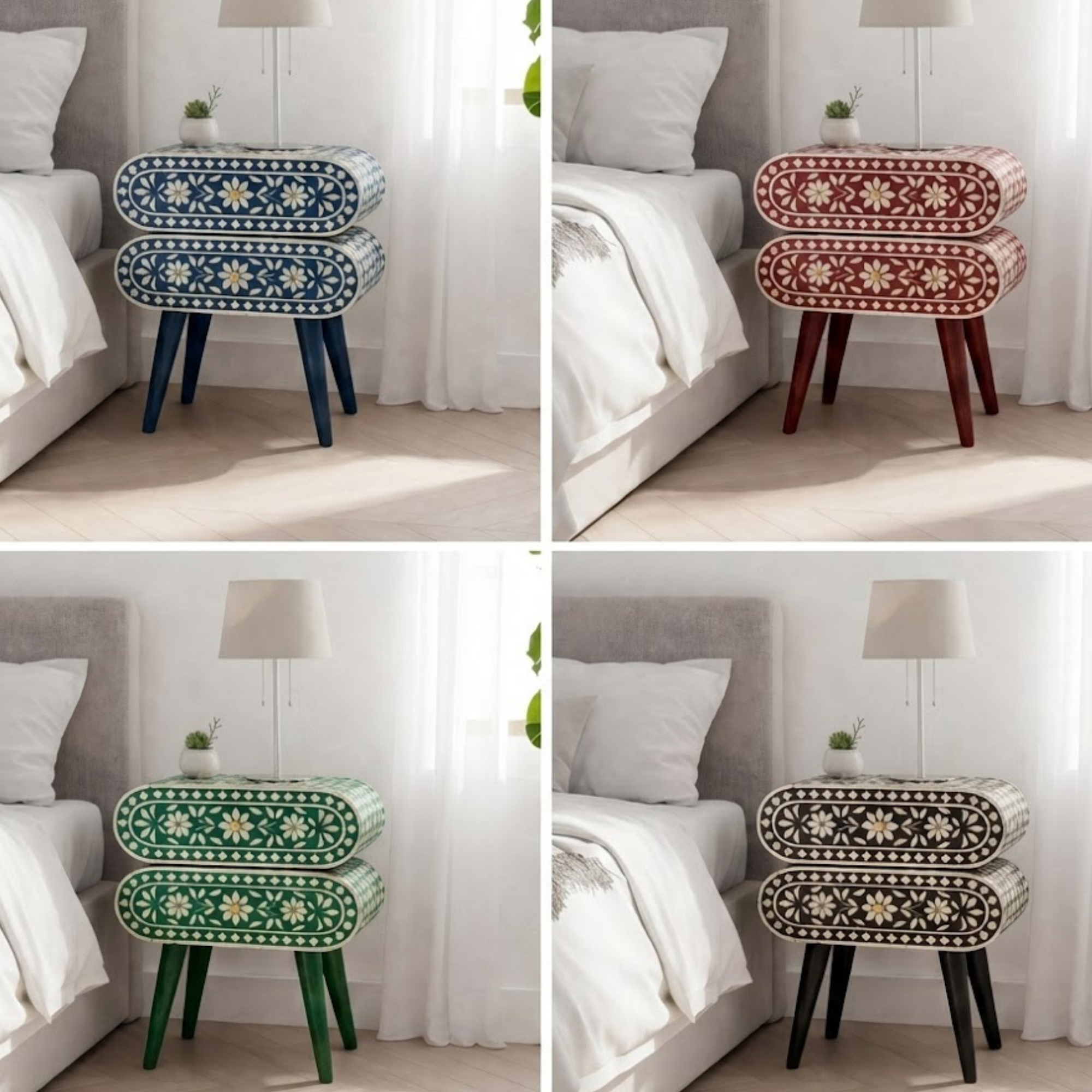 Handcrafted Bone Inlay and Resin Floral Nightstand | Modern Accent Table