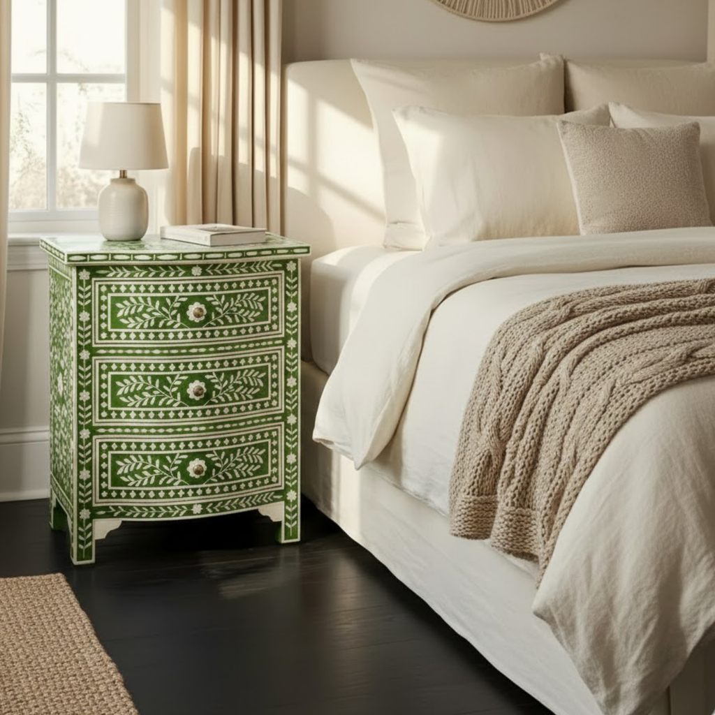 Blue Bone Inlay End Table | Handmade Resin Bedside Table | Luxury Bedroom Furniture
