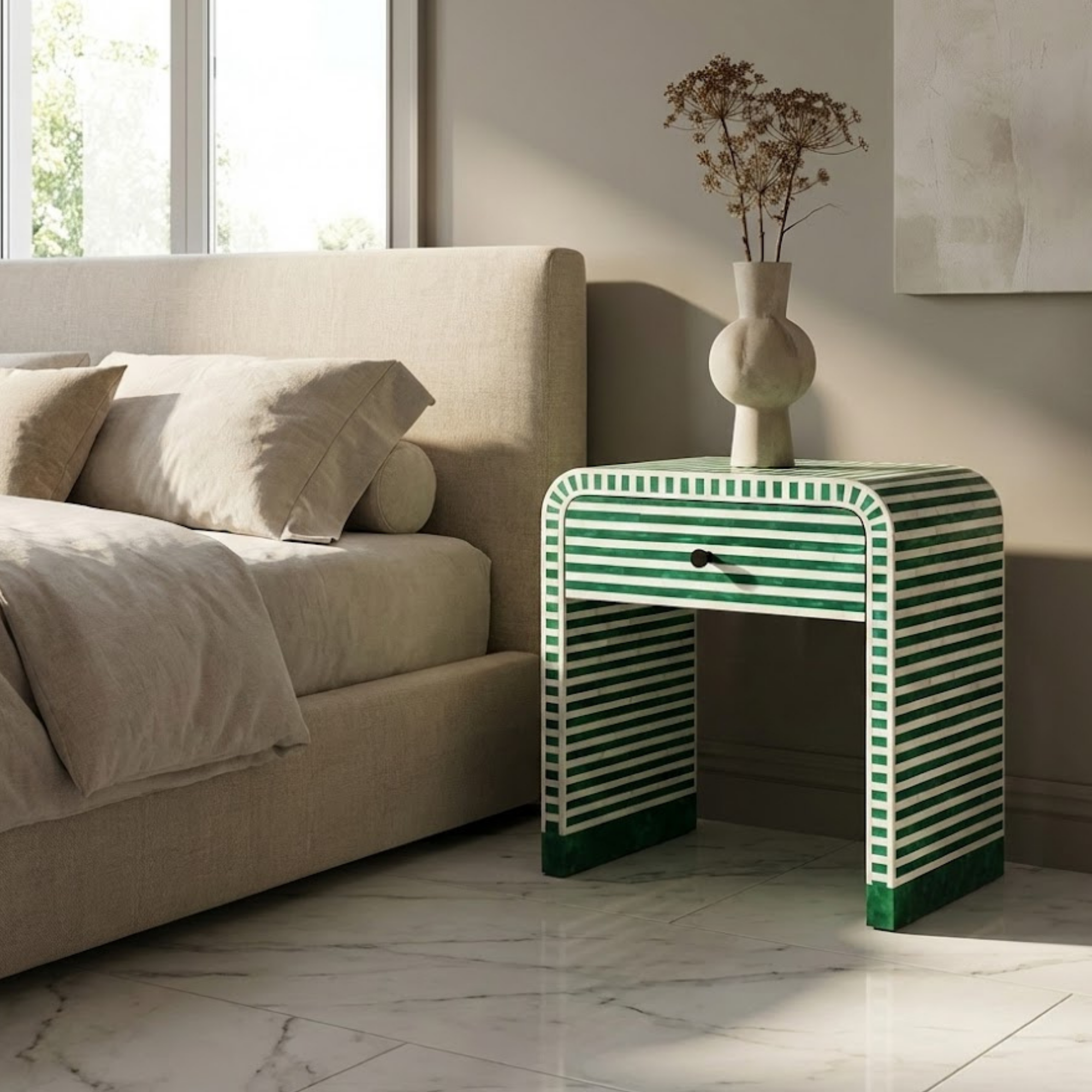 Striped Bone Inlay & Resin Side Table | Handmade Nightstand | Modern Home Decor | Designer Furniture