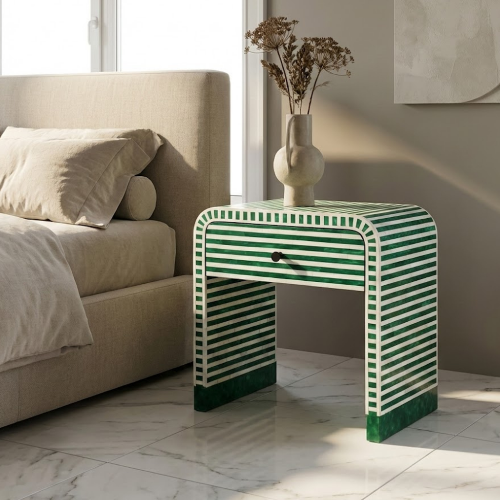 Striped Bone Inlay & Resin Side Table | Handmade Nightstand | Modern Home Decor | Designer Furniture