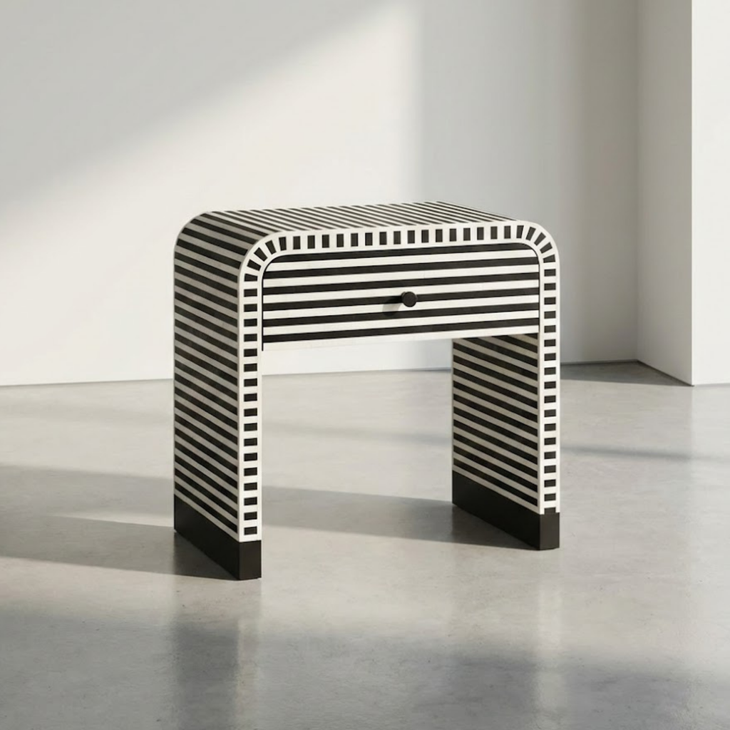 Striped Bone Inlay & Resin Side Table | Handmade Nightstand | Modern Home Decor | Designer Furniture