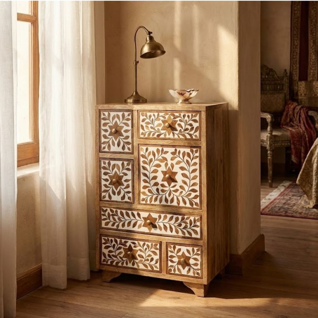 Handmade Wooden Inlay Bedside Table | Floral Resin Nightstand