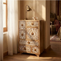 Handmade Wooden Inlay Bedside Table | Floral Resin Nightstand