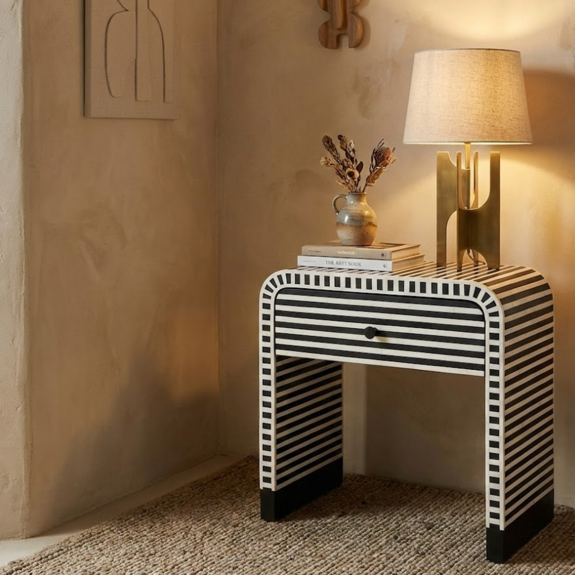 Striped Bone Inlay & Resin Side Table | Handmade Nightstand | Modern Home Decor | Designer Furniture