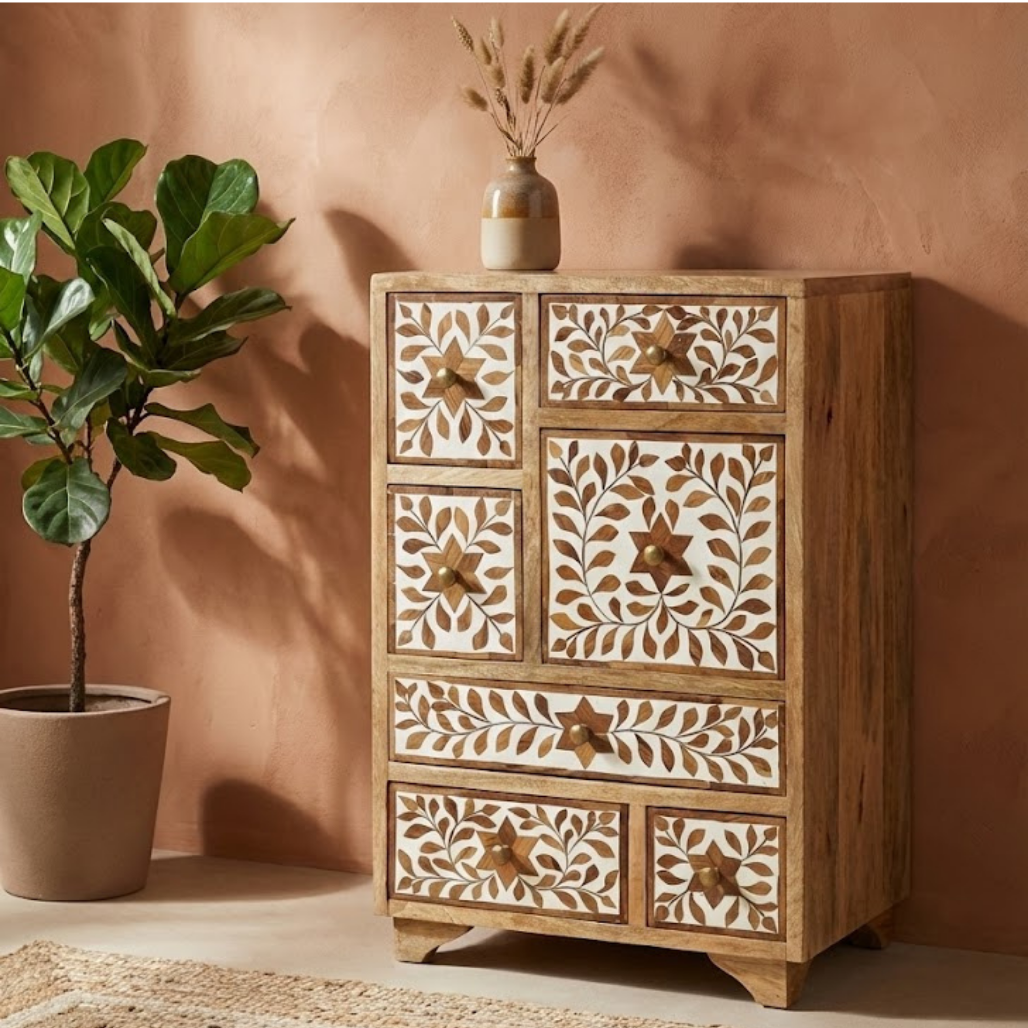 Handmade Wooden Inlay Bedside Table | Floral Resin Nightstand
