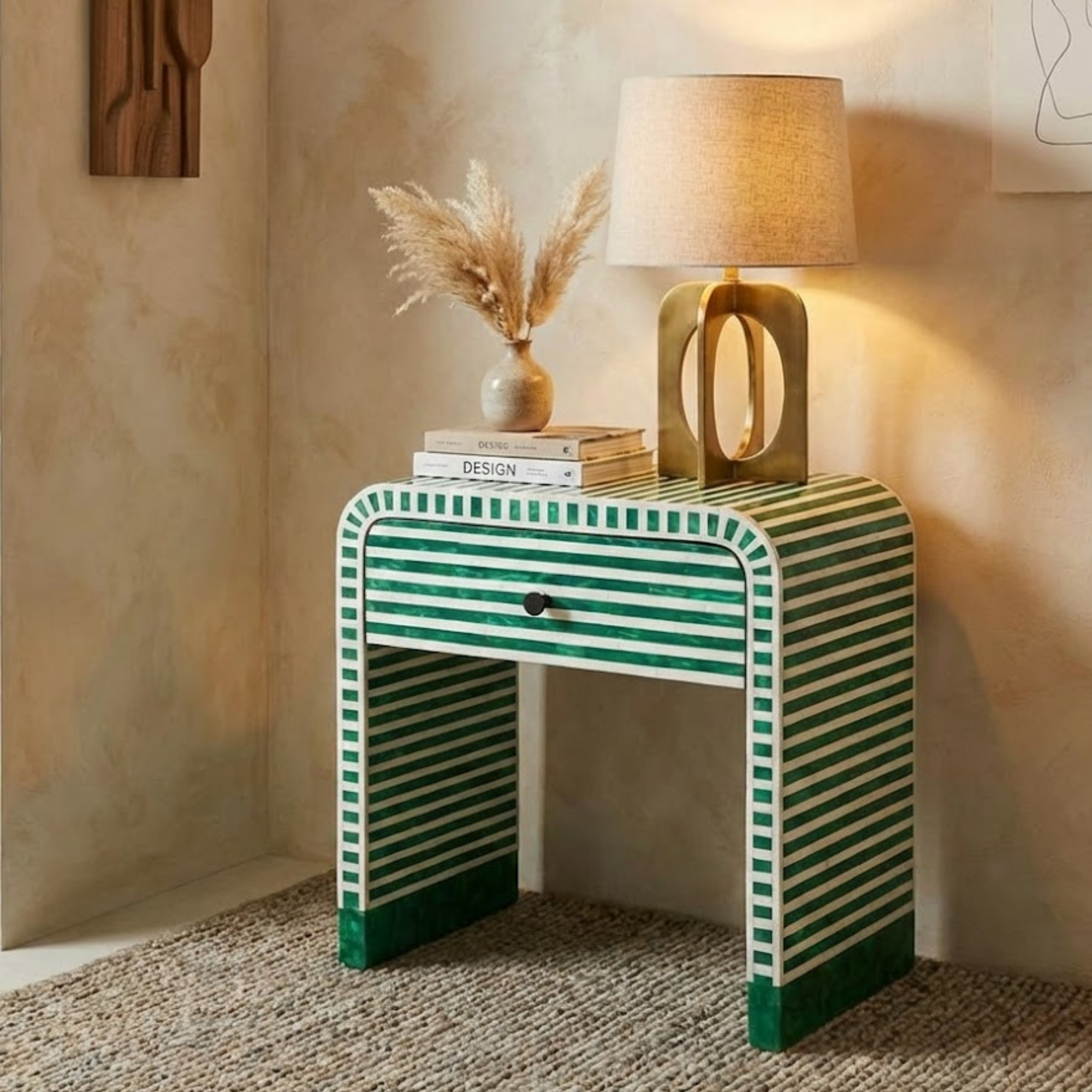 Striped Bone Inlay & Resin Side Table | Handmade Nightstand | Modern Home Decor | Designer Furniture