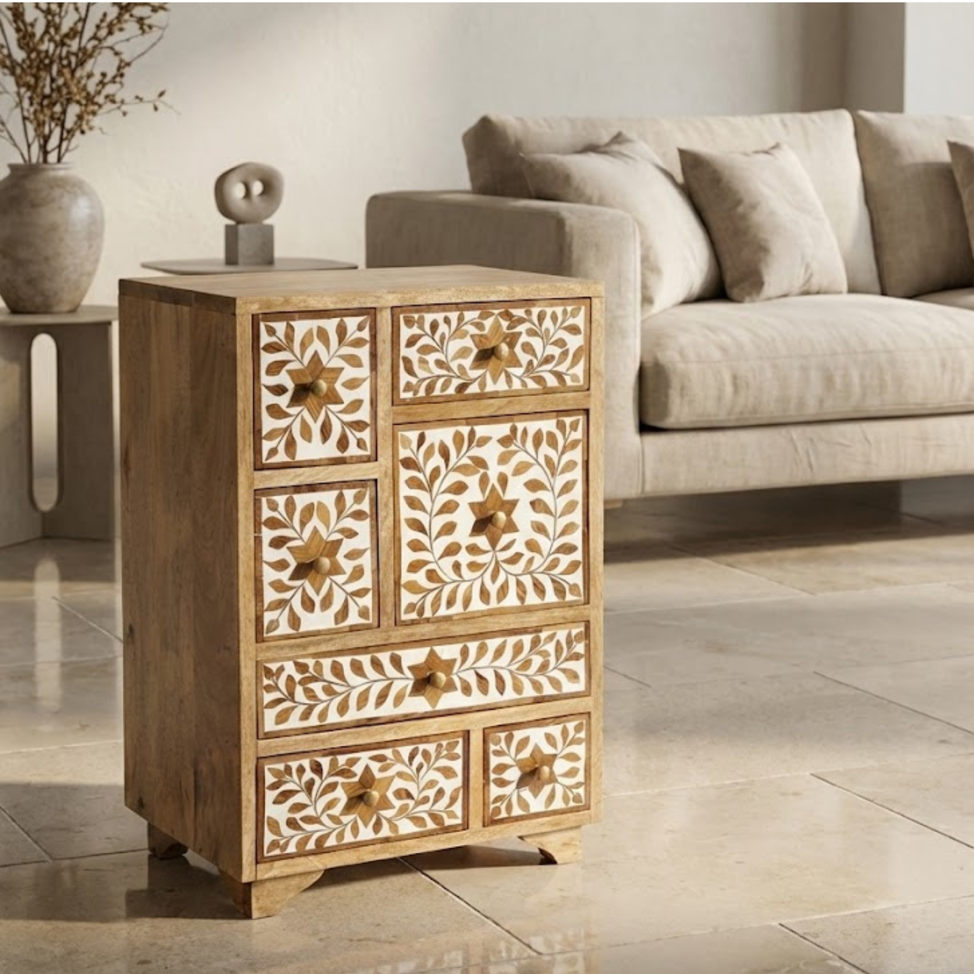 Handmade Wooden Inlay Bedside Table | Floral Resin Nightstand