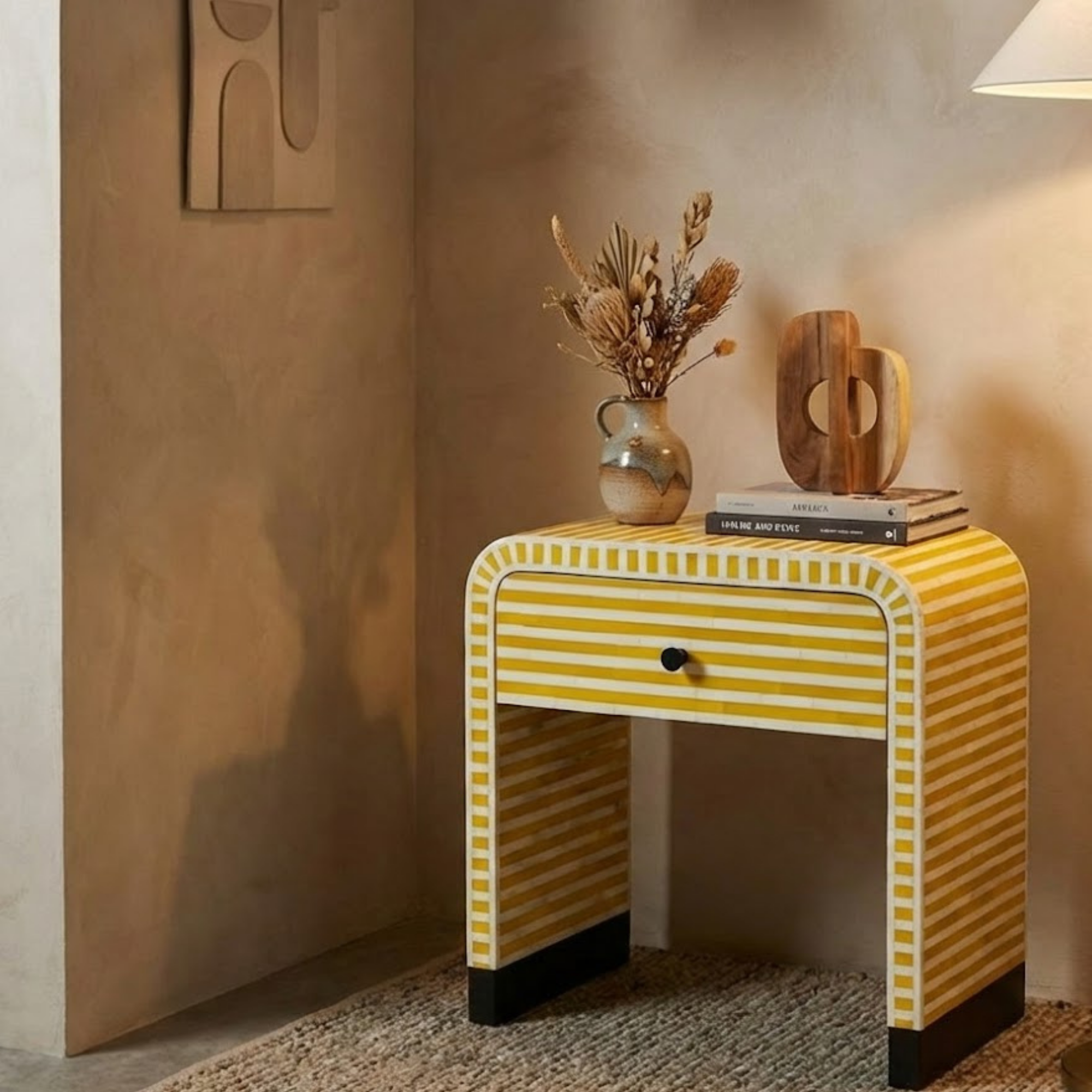Striped Bone Inlay & Resin Side Table | Handmade Nightstand | Modern Home Decor | Designer Furniture