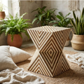 Handmade Wooden Inlay Side Table | Geometric Hourglass Accent Furniture