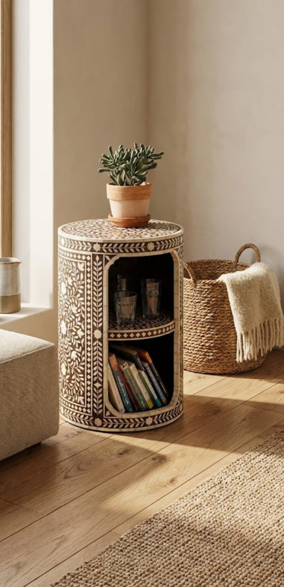 Handcrafted Bone Inlay & Resin End Table | Round Bedside Nightstand | Luxury Decor | Artisan Home Furniture