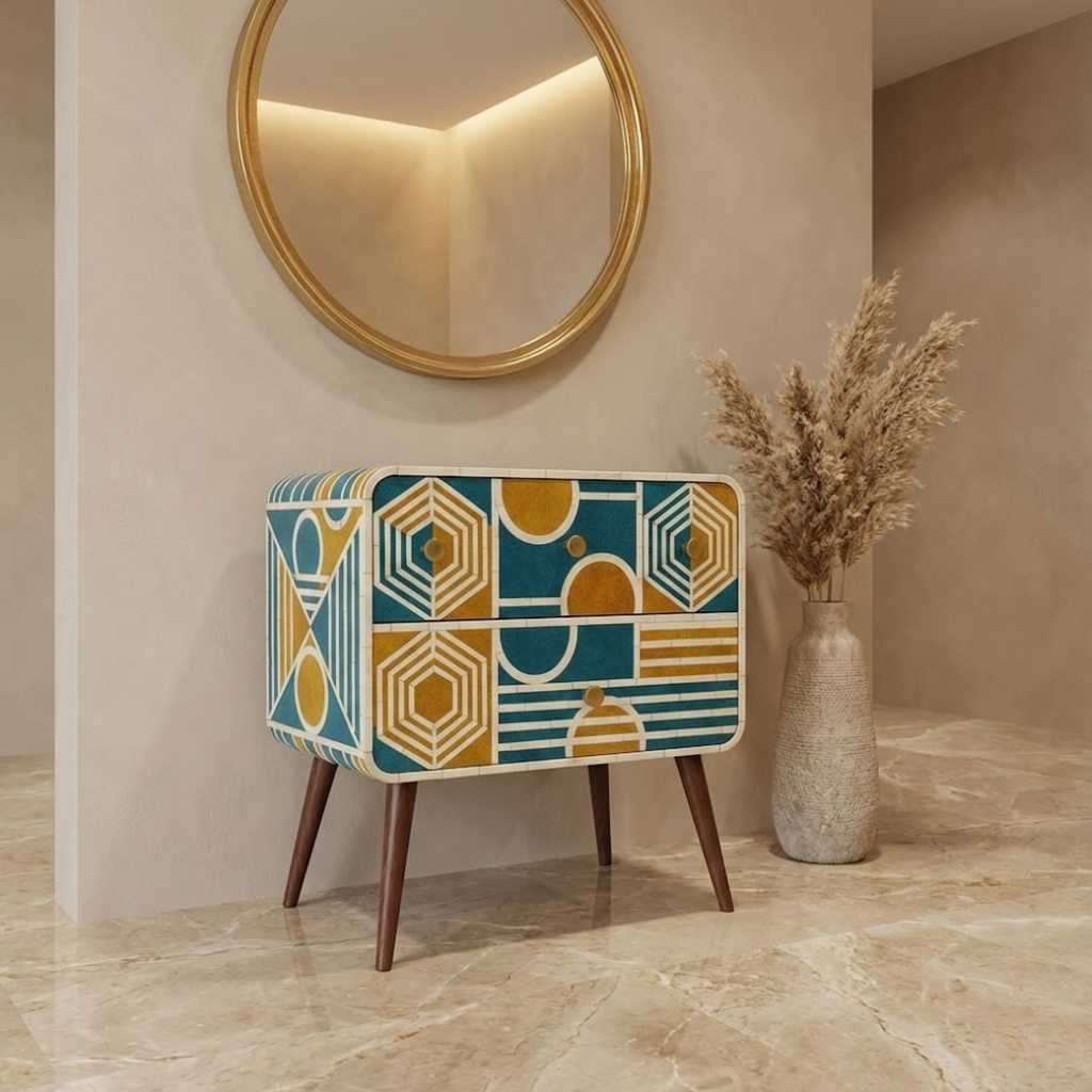 Bone Inlay End Table | Handmade Geometric Resin Accent Nightstand