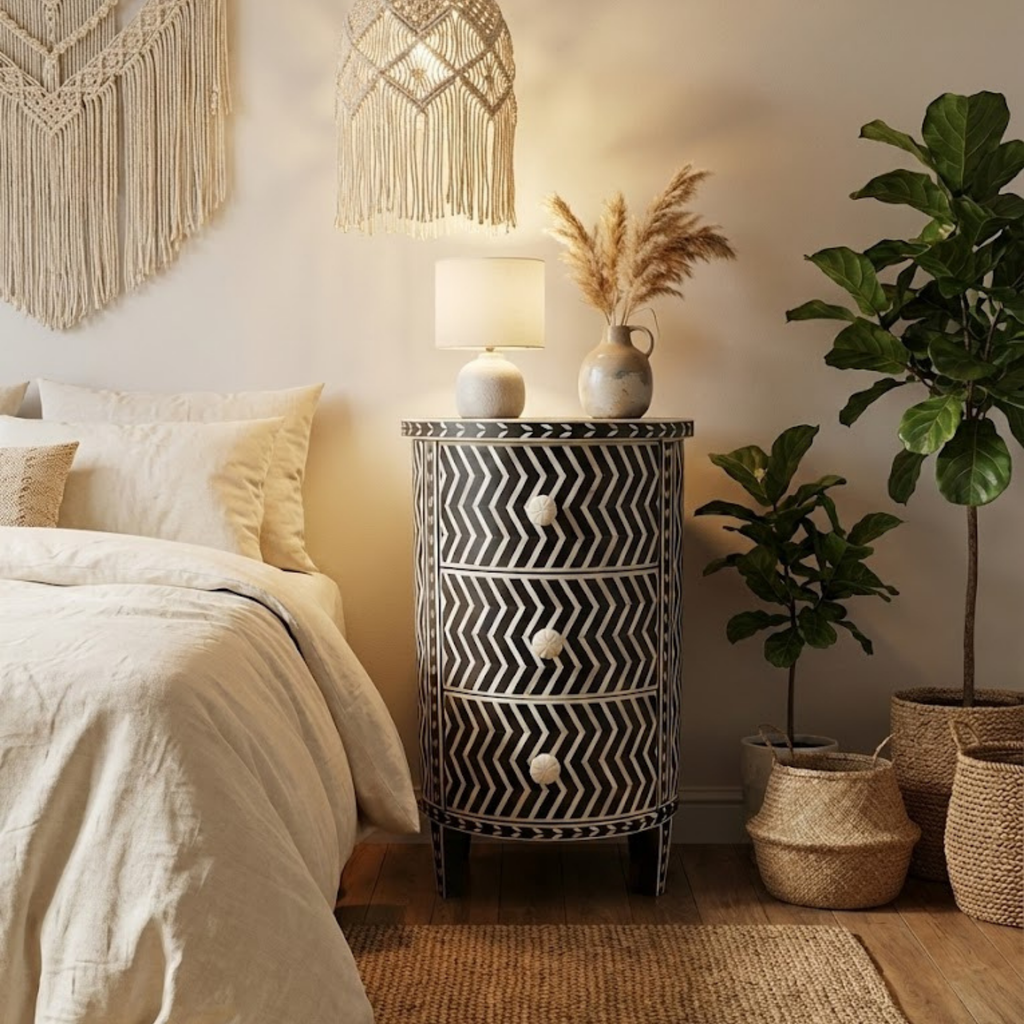 Black Bone Inlay Nightstand | Handmade Chevron 3-Drawer End Table