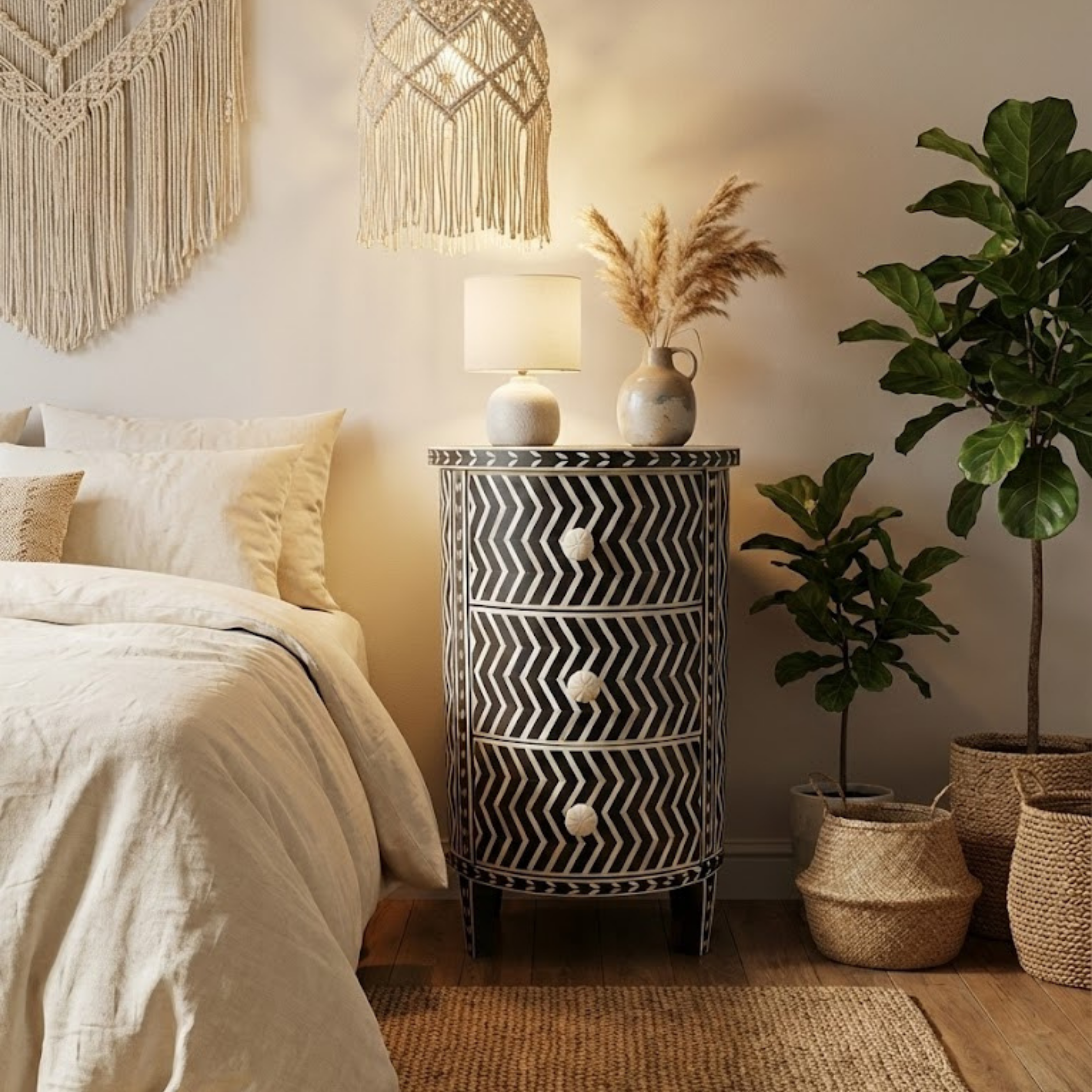 Black Bone Inlay Nightstand | Handmade Chevron 3-Drawer End Table