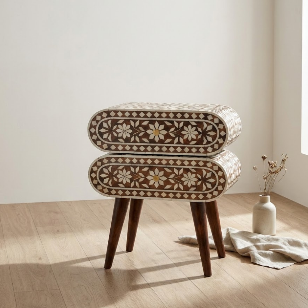 Handcrafted Bone Inlay and Resin Floral Nightstand | Modern Accent Table