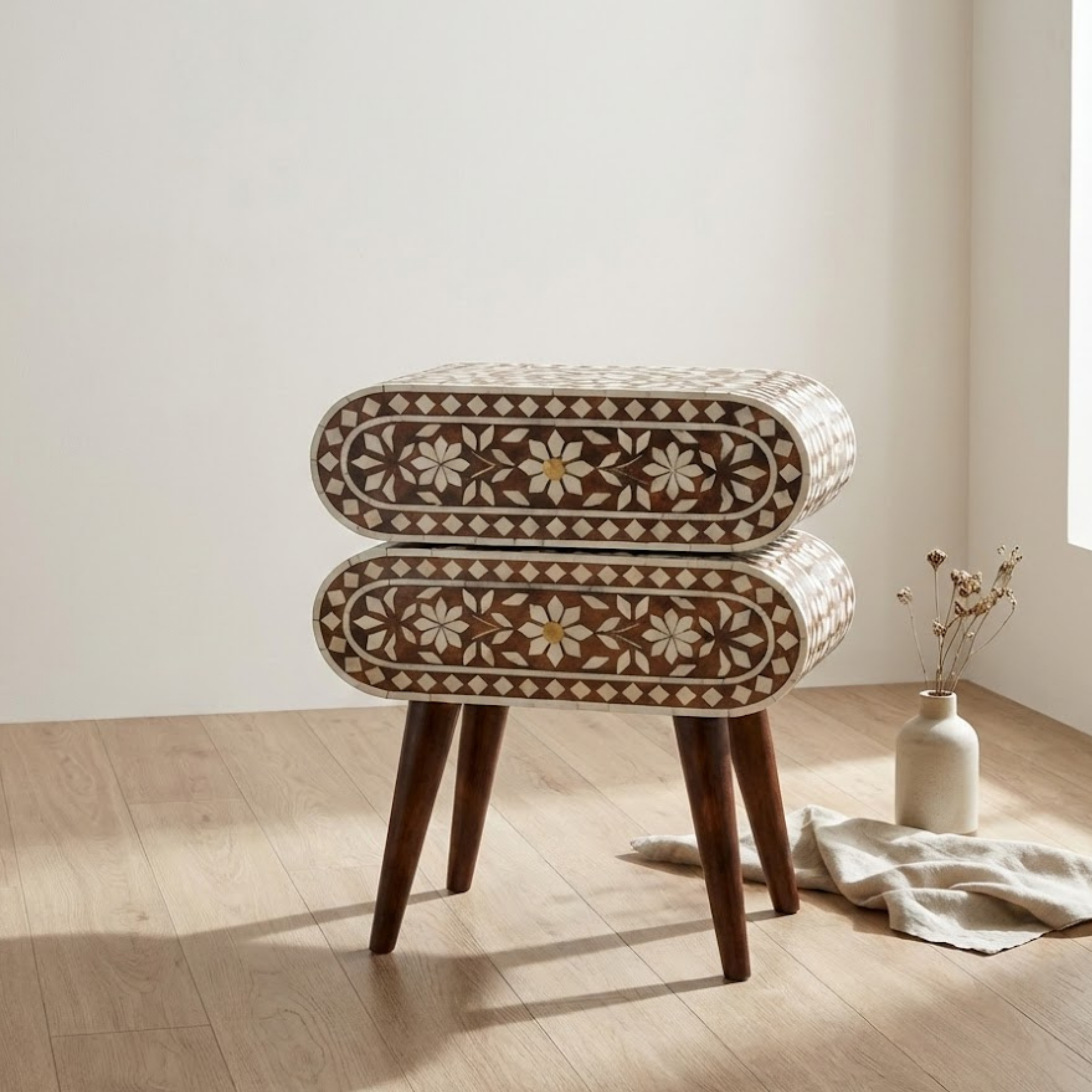 Handcrafted Bone Inlay and Resin Floral Nightstand | Modern Accent Table