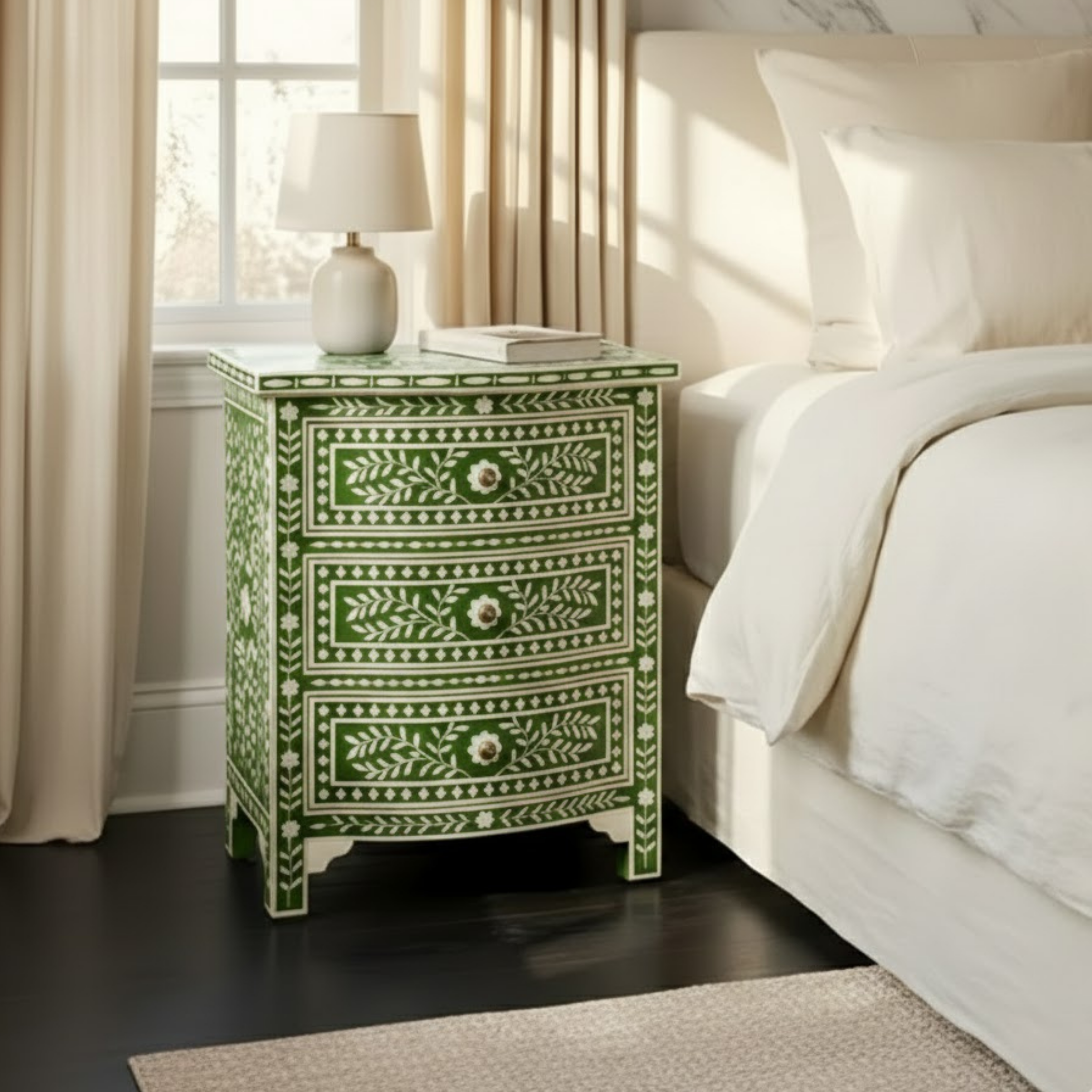 Blue Bone Inlay End Table | Handmade Resin Bedside Table | Luxury Bedroom Furniture