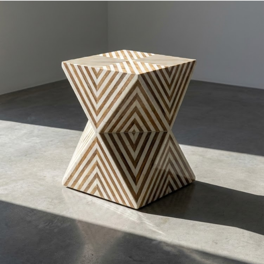 Handmade Wooden Inlay Side Table | Geometric Hourglass Accent Furniture
