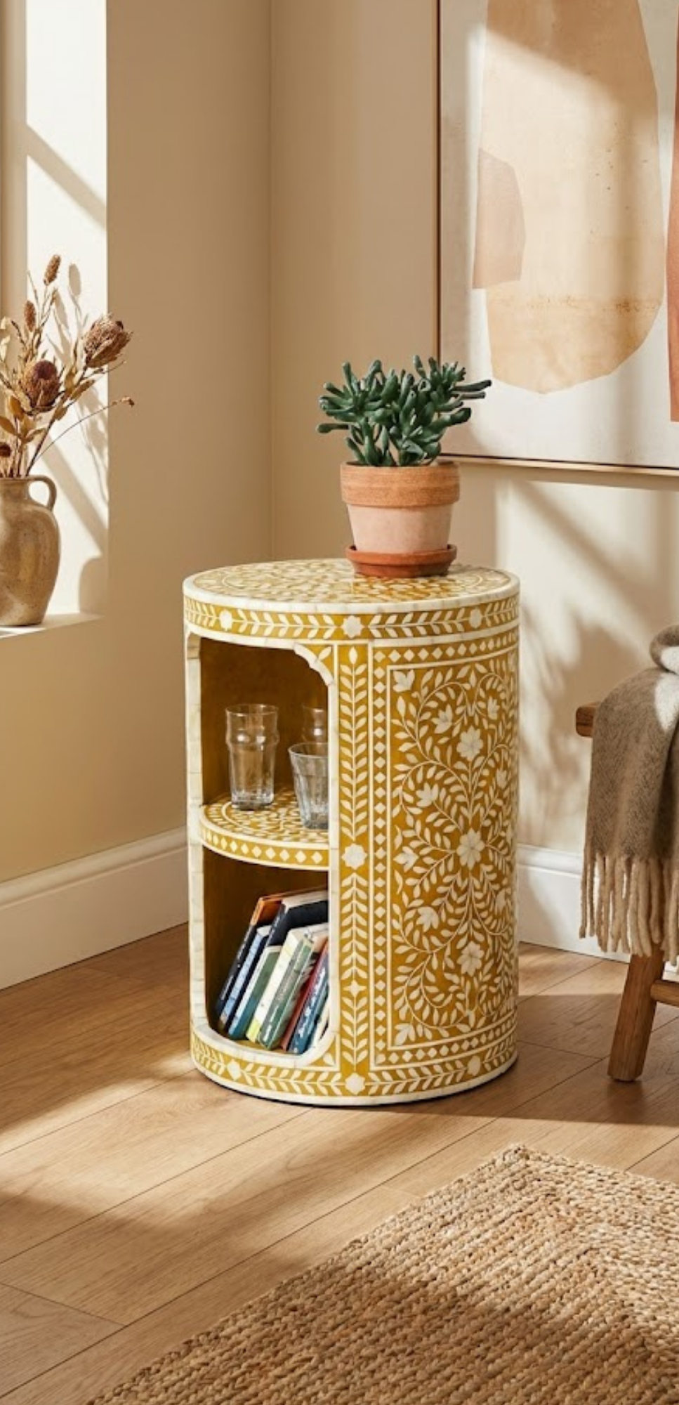 Handcrafted Bone Inlay & Resin End Table | Round Bedside Nightstand | Luxury Decor | Artisan Home Furniture