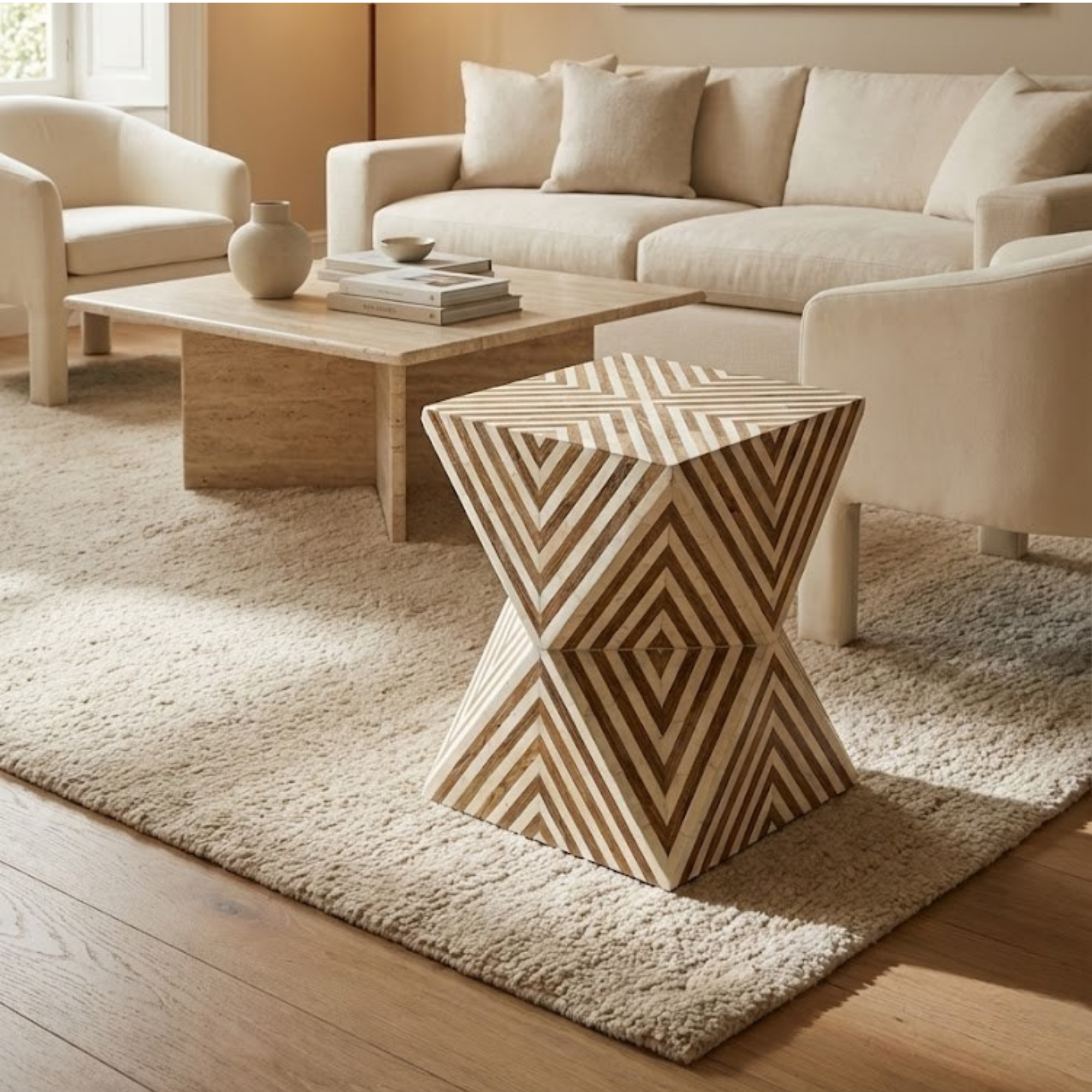 Handmade Wooden Inlay Side Table | Geometric Hourglass Accent Furniture