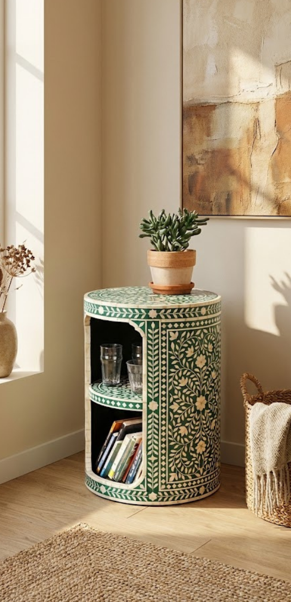 Handcrafted Bone Inlay & Resin End Table | Round Bedside Nightstand | Luxury Decor | Artisan Home Furniture