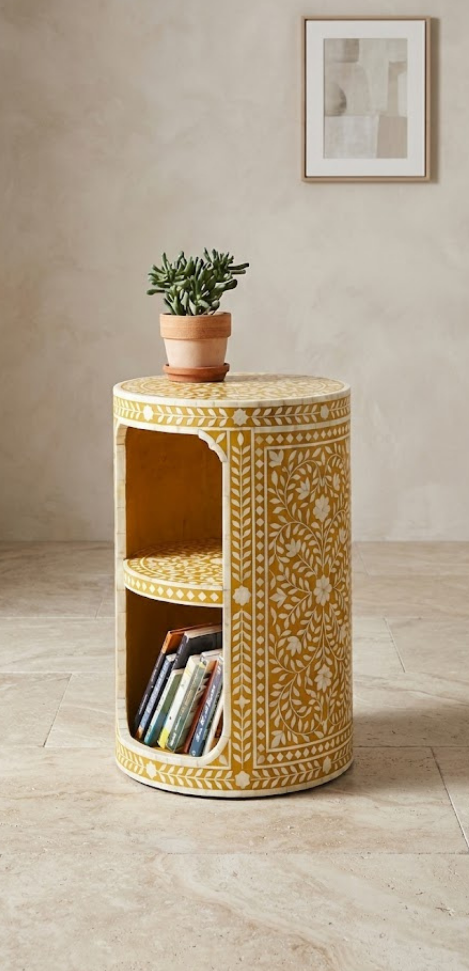 Handcrafted Bone Inlay & Resin End Table | Round Bedside Nightstand | Luxury Decor | Artisan Home Furniture