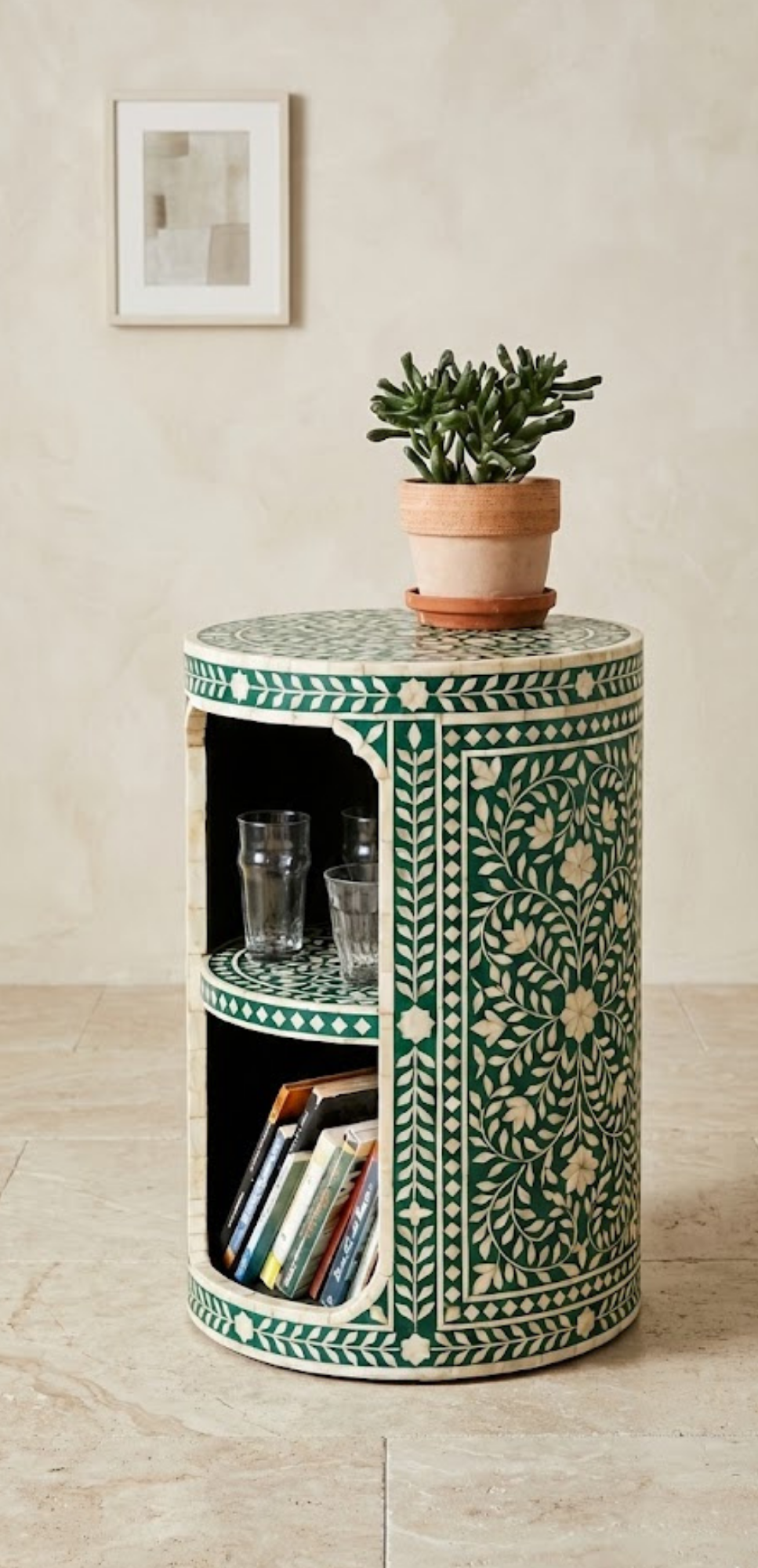 Handcrafted Bone Inlay & Resin End Table | Round Bedside Nightstand | Luxury Decor | Artisan Home Furniture