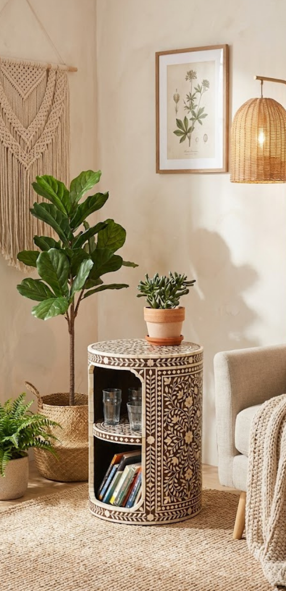 Handcrafted Bone Inlay & Resin End Table | Round Bedside Nightstand | Luxury Decor | Artisan Home Furniture
