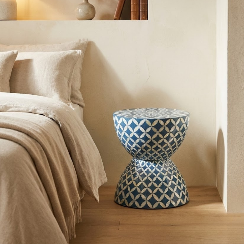 Handmade Blue Bone Inlay End Table | Hourglass Accent Table