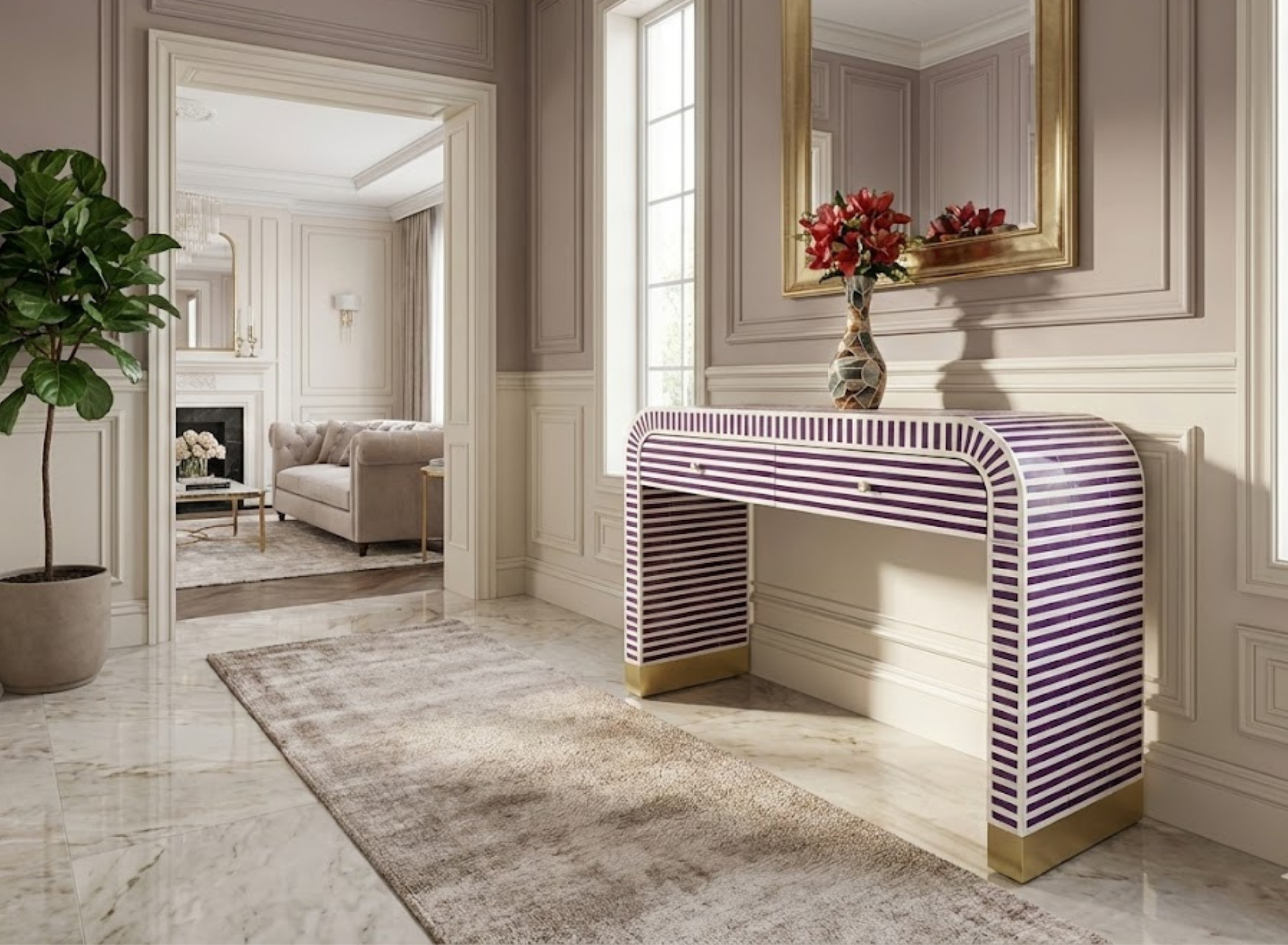 Handcrafted Bone Inlay Striped Console Table | Modern Entryway Luxury Decor