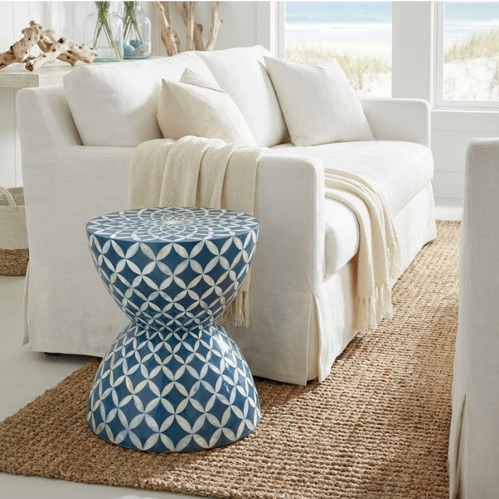 Handmade Blue Bone Inlay End Table | Hourglass Accent Table
