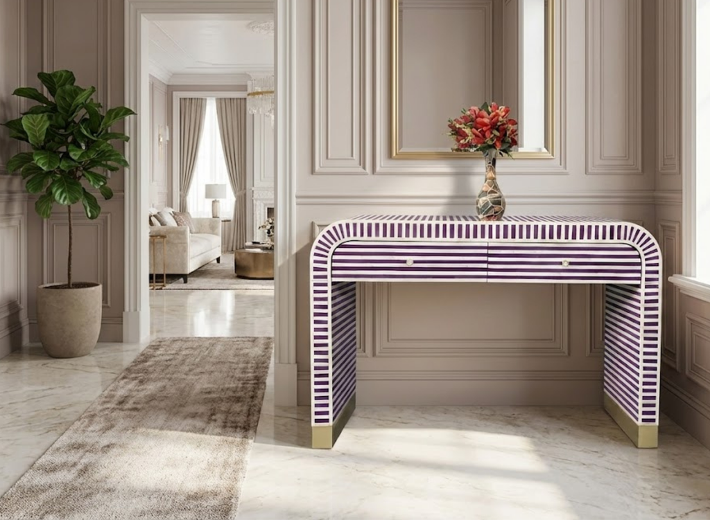 Handcrafted Bone Inlay Striped Console Table | Modern Entryway Luxury Decor