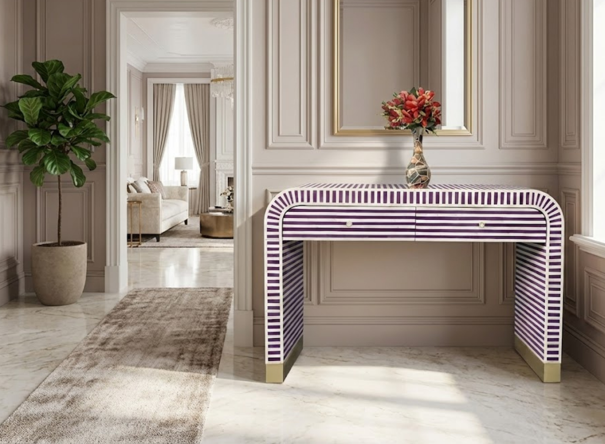 Handcrafted Bone Inlay Striped Console Table | Modern Entryway Luxury Decor
