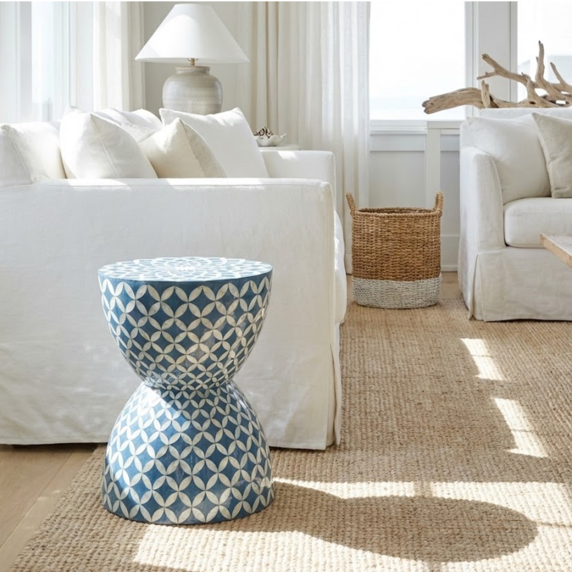 Handmade Blue Bone Inlay End Table | Hourglass Accent Table