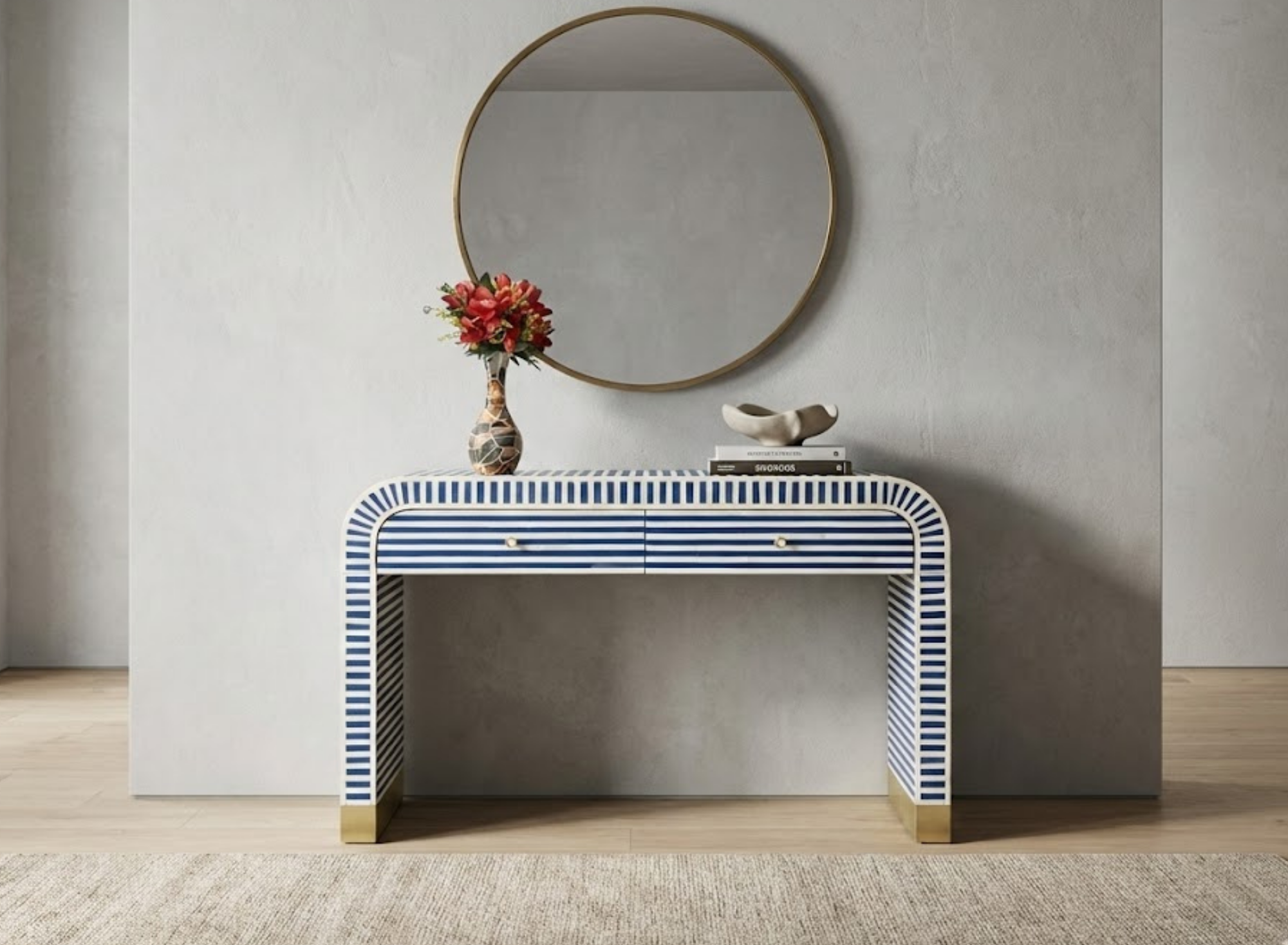 Handcrafted Bone Inlay Striped Console Table | Modern Entryway Luxury Decor