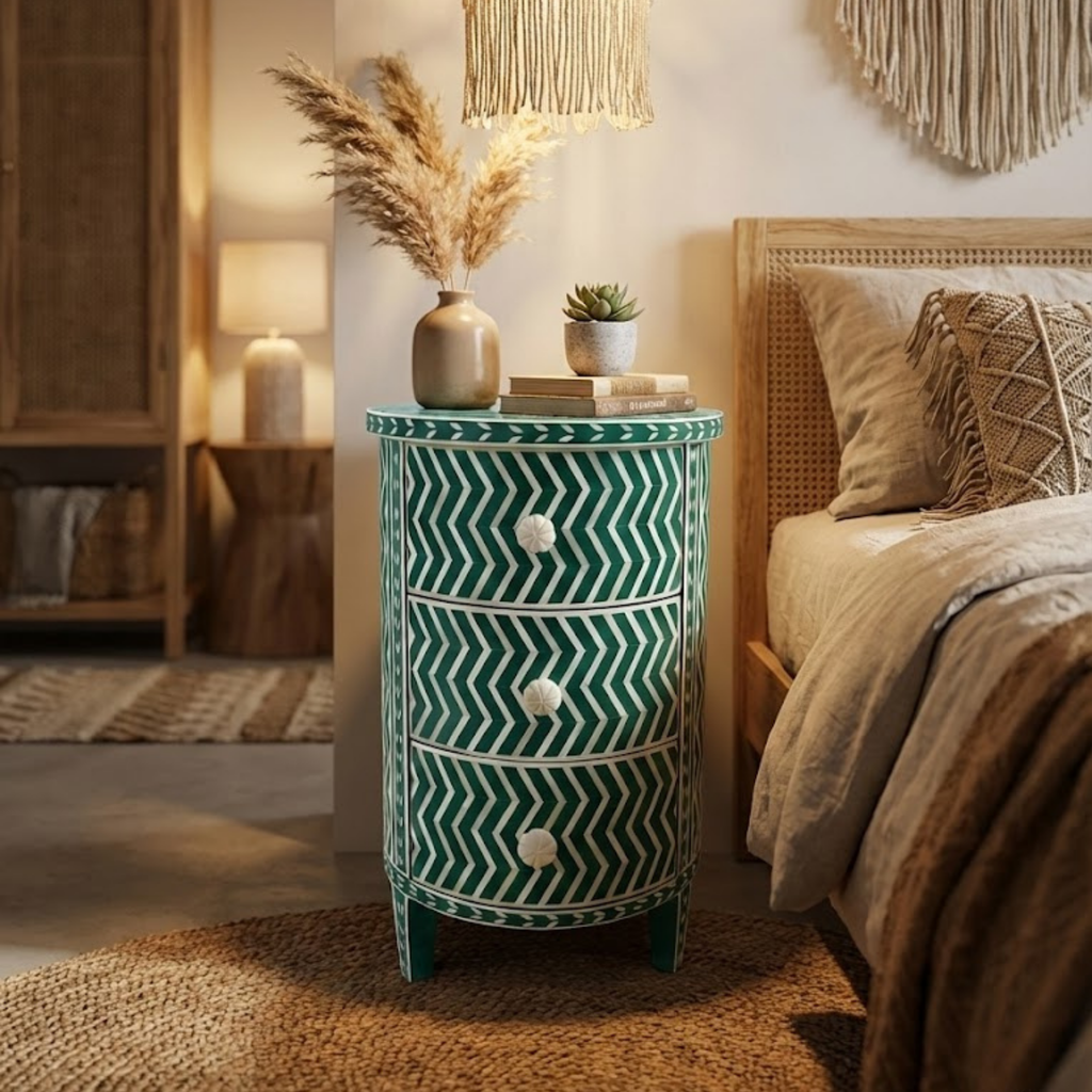 Black Bone Inlay Nightstand | Handmade Chevron 3-Drawer End Table