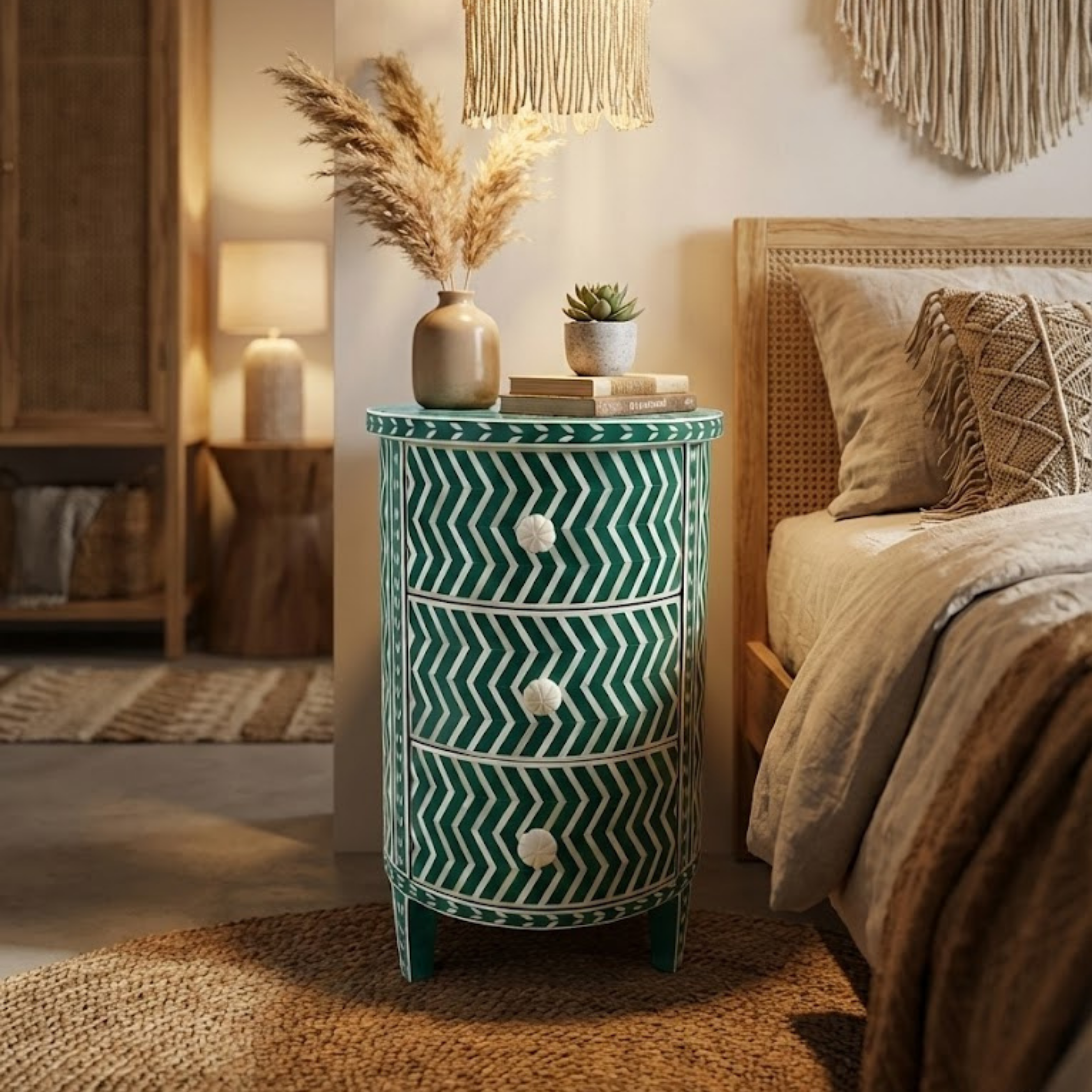 Black Bone Inlay Nightstand | Handmade Chevron 3-Drawer End Table