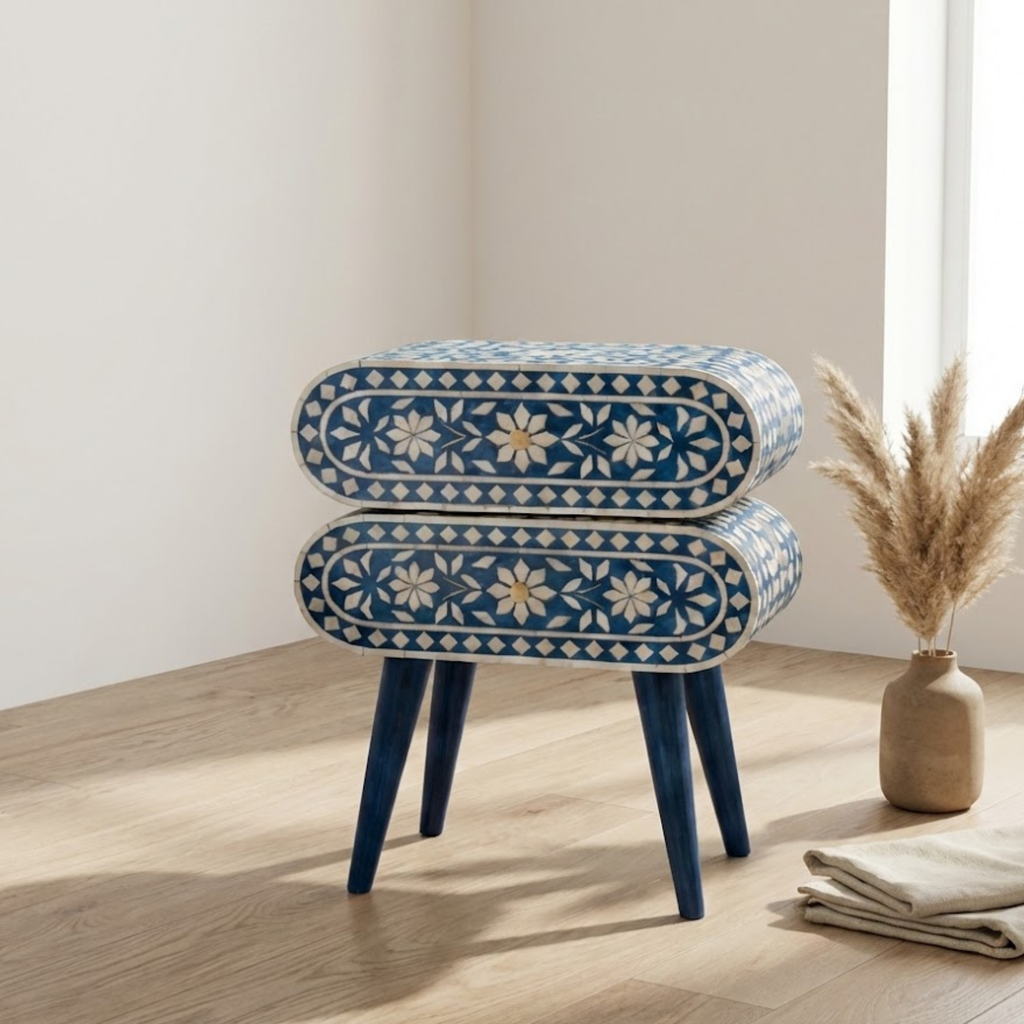 Handcrafted Bone Inlay and Resin Floral Nightstand | Modern Accent Table