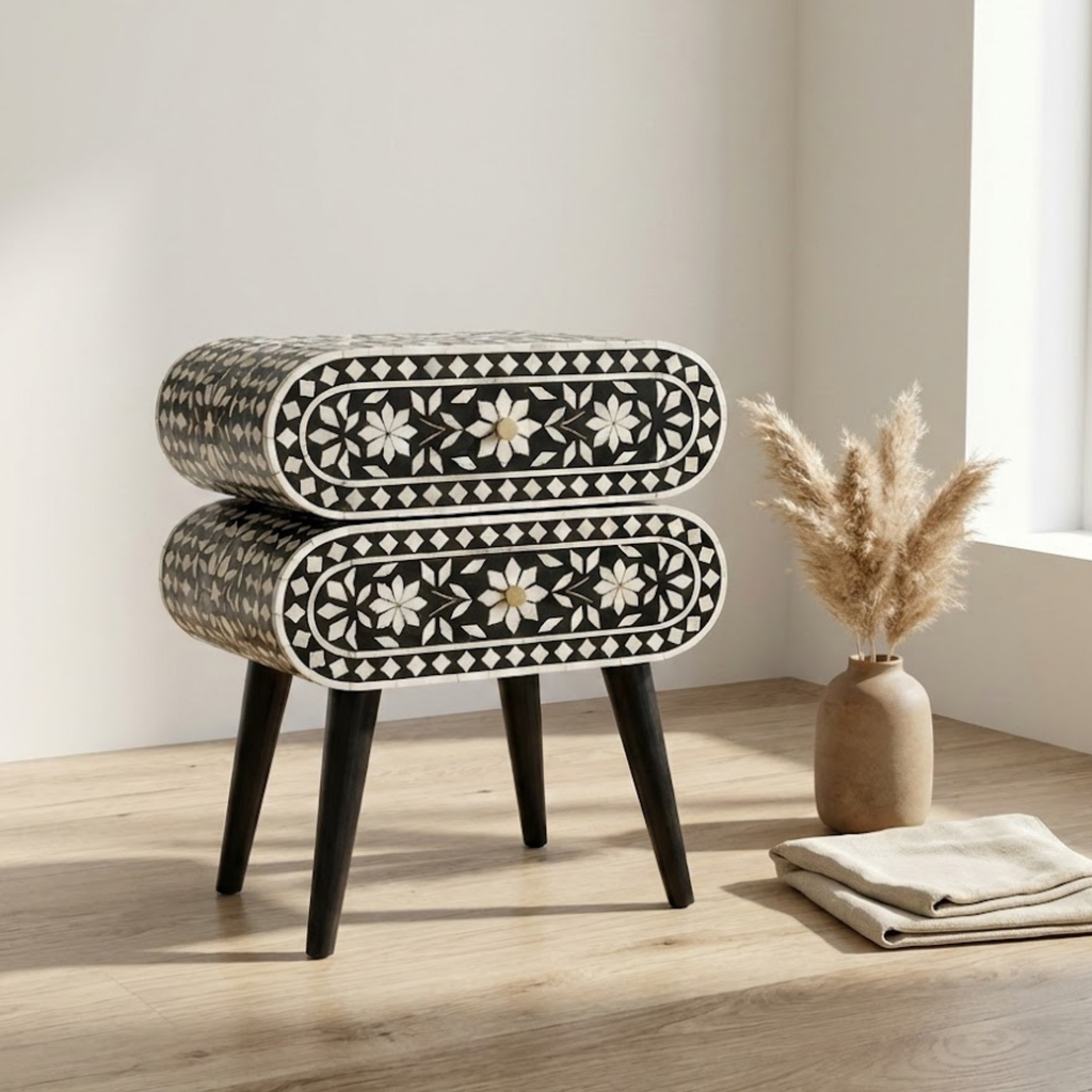 Handcrafted Bone Inlay and Resin Floral Nightstand | Modern Accent Table