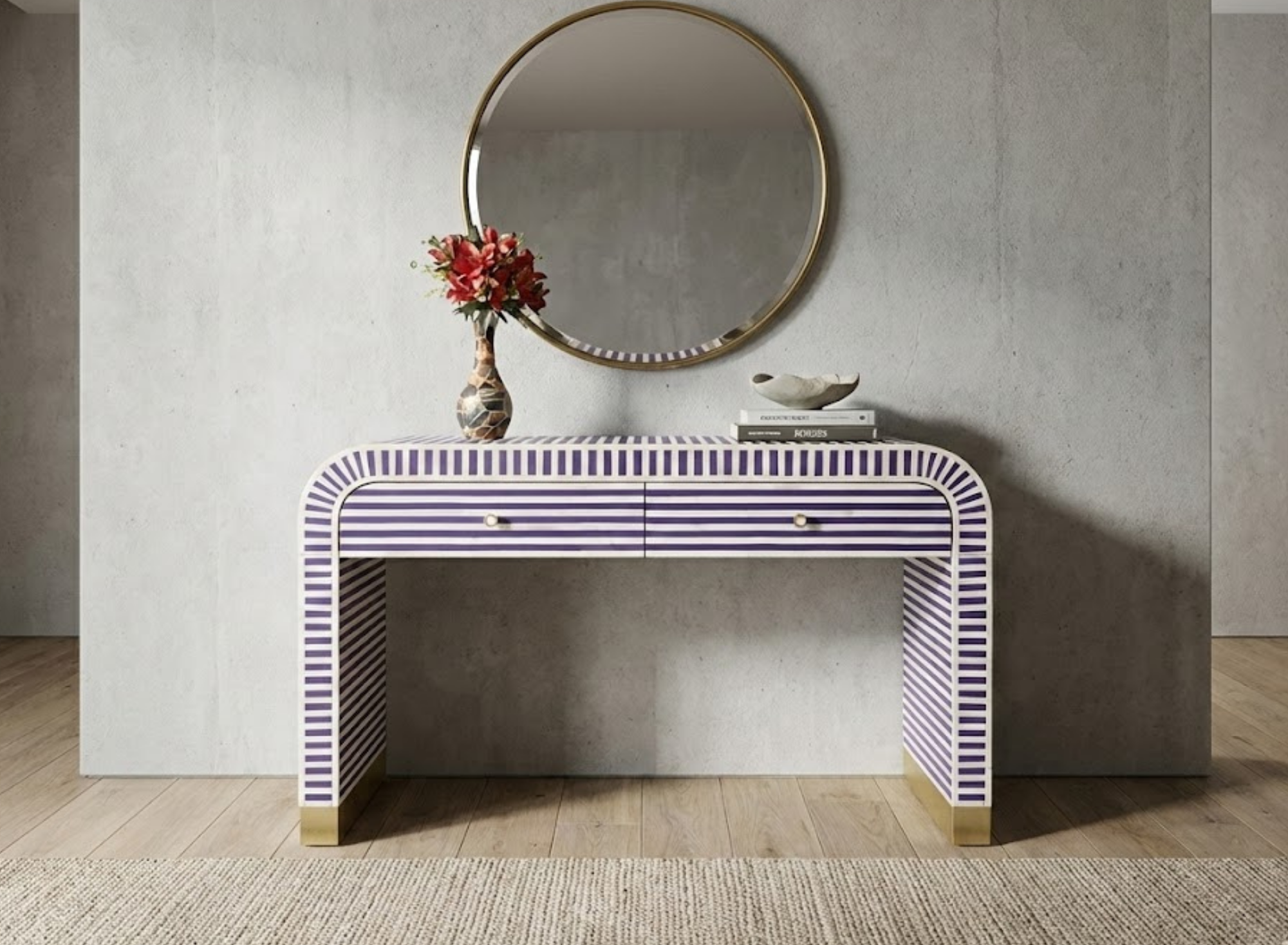 Handcrafted Bone Inlay Striped Console Table | Modern Entryway Luxury Decor