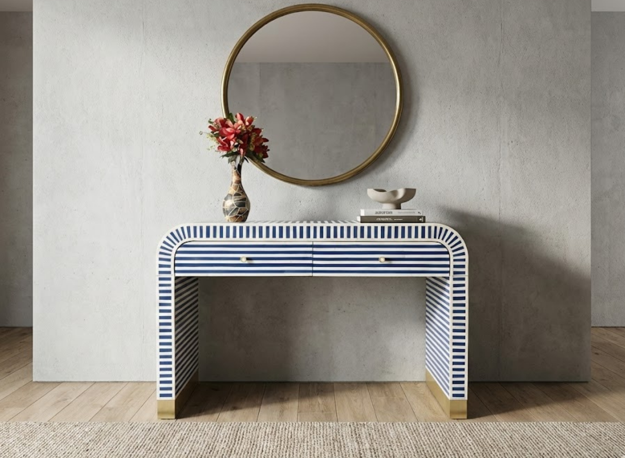 Handcrafted Bone Inlay Striped Console Table | Modern Entryway Luxury Decor